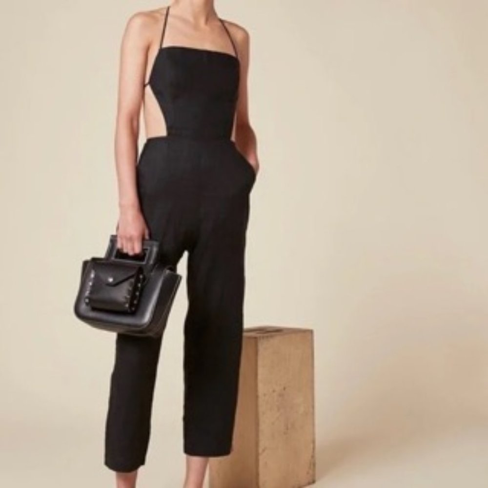 Reformation black linen jumpsuit with cutout back